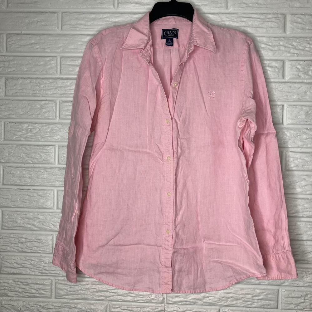 Chaps classic 100% linen button down shirt pink women's size large natural fiber